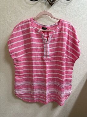 Talbots Pink and White Striped 100% Linen Split Neck Short Sleeve Top